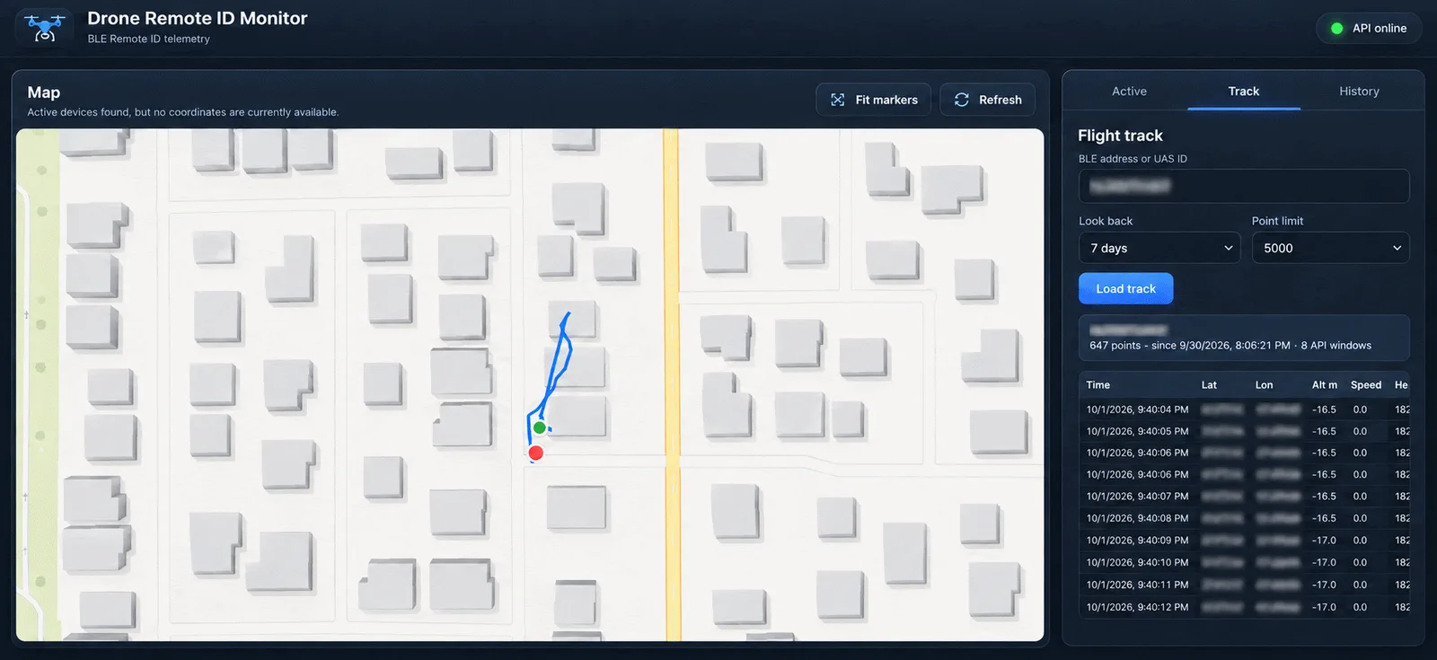 Prototype Drone Remote ID Monitor: a map with a reconstructed flight track beside a table of timestamped telemetry points, with identifiers and coordinates blurred.